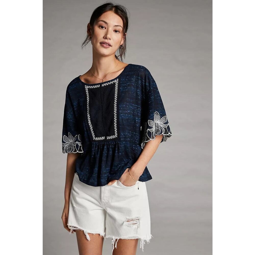 Pilcro Anthropologie Navy Orchid Lace Romantic Cotton Embroidered Top XL